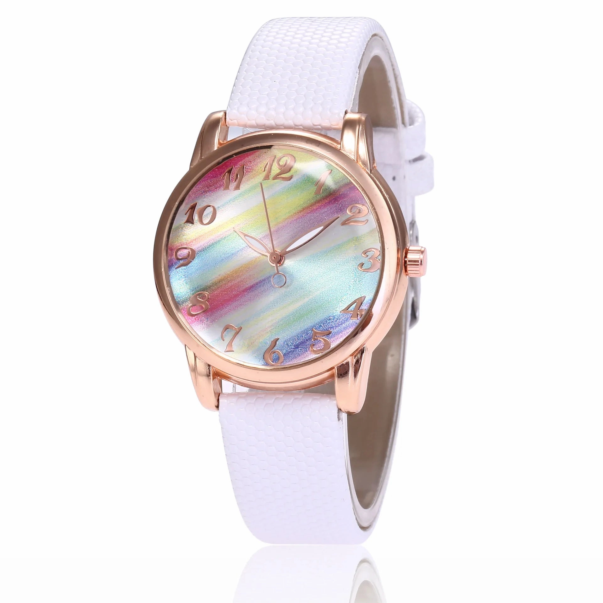 Women Fashion Rainbow Leather Band Wrist Watch Casual Ladies Quartz