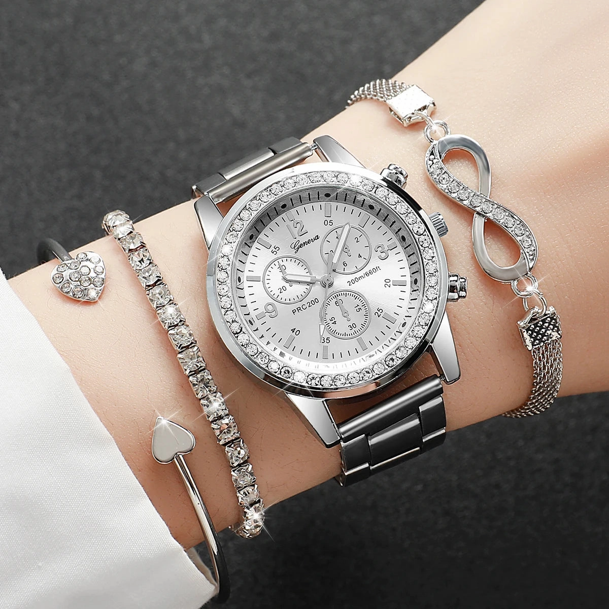 Women Fashion Silver Color Stainless Steel Quartz Watch & Silver Beads Jewelry Set for Timeless Elegance