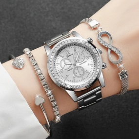 Women Fashion Silver Color Stainless Steel Quartz Watch & Silver Beads Jewelry Set for Timeless Elegance