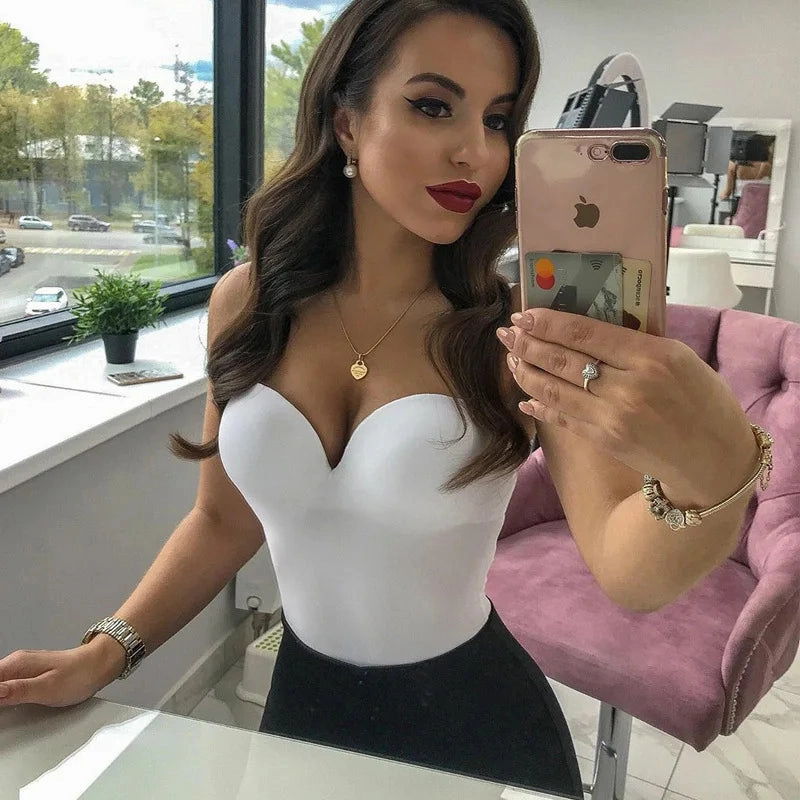 Women Fashion Spring Black Nylon Bodysuits Sling V-Neck Chic Jumpsuit Sexy Bustier Top for Summer Parties