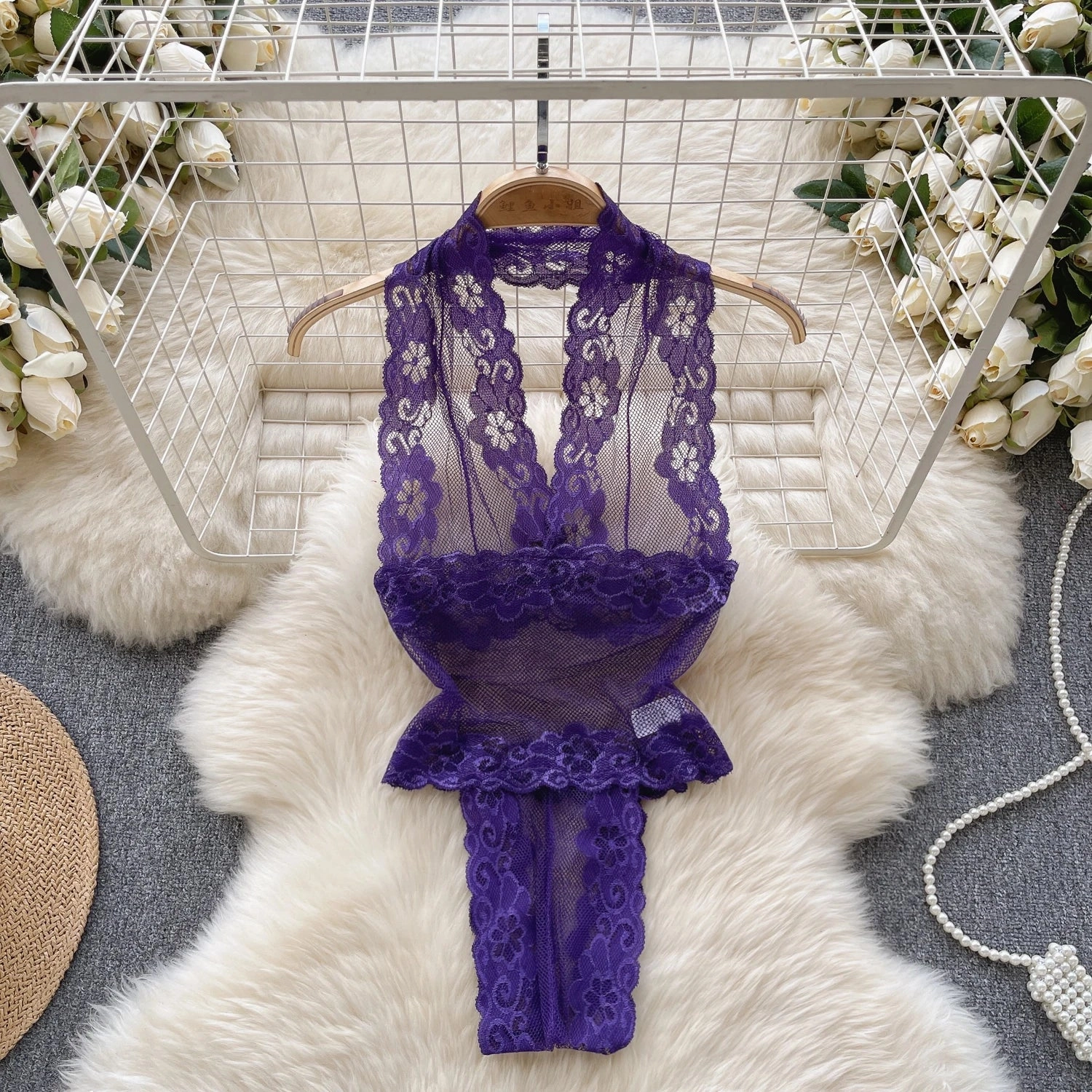 Women Floral Backless Lace Bodysuits Slim Fit Catsuit Sexy Halter Romper