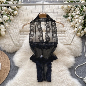 Women Floral Backless Lace Bodysuits Slim Fit Catsuit Sexy Halter Romper