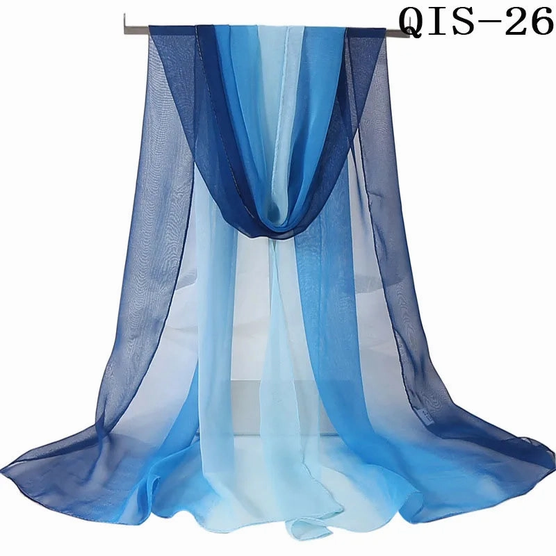 Women Foulard Gradient Solid Color Chiffon Georgette Scarf Bandana Elegant Long Shawl for Summer Sun Protection