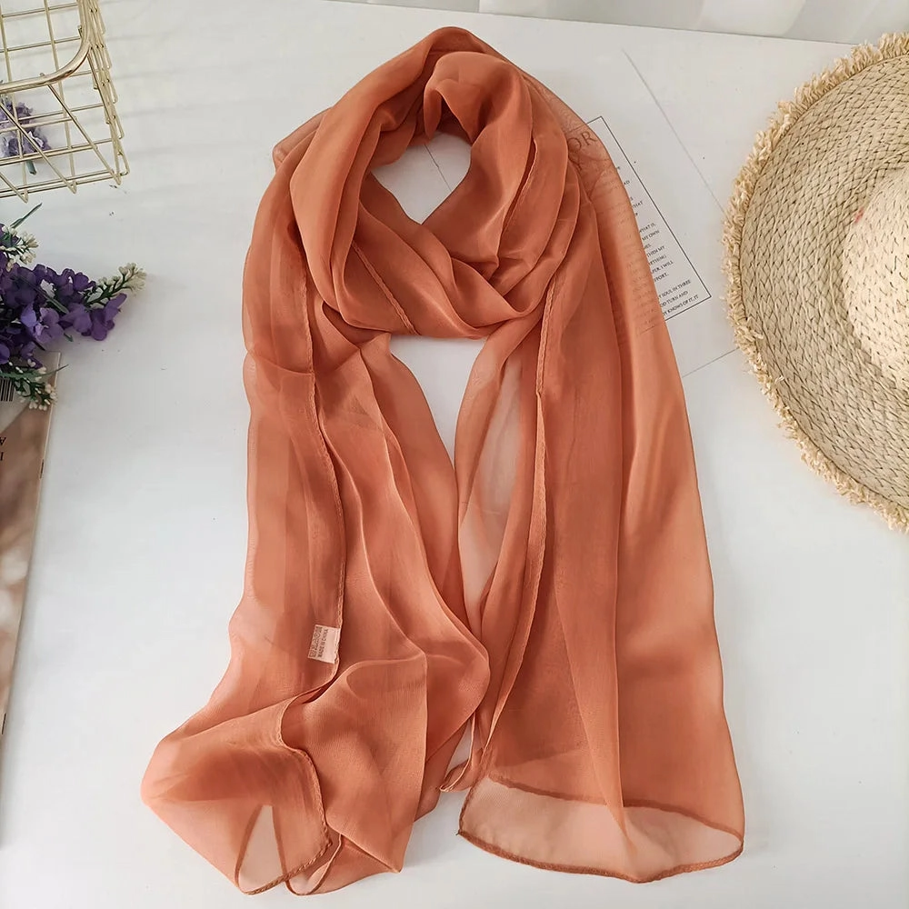 Women Foulard Gradient Solid Color Chiffon Georgette Scarf Bandana Elegant Long Shawl for Summer Sun Protection