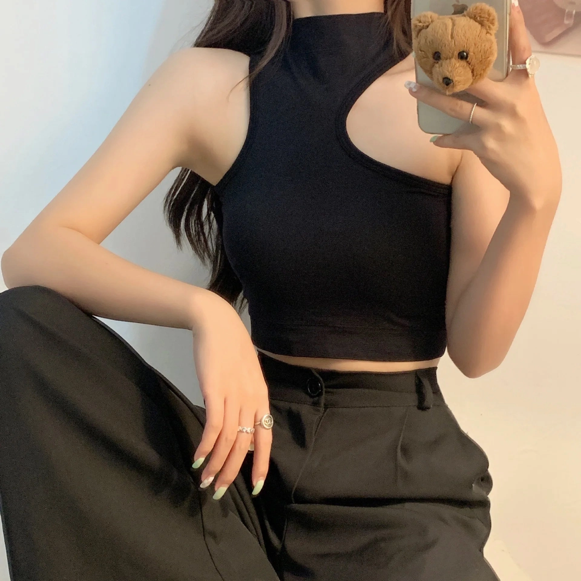 Women Hollow Out Crop Tops Summer Casual Solid Color Street Backless Camisoles Cropped Halter Tops Sexy Sleeveless Blouses