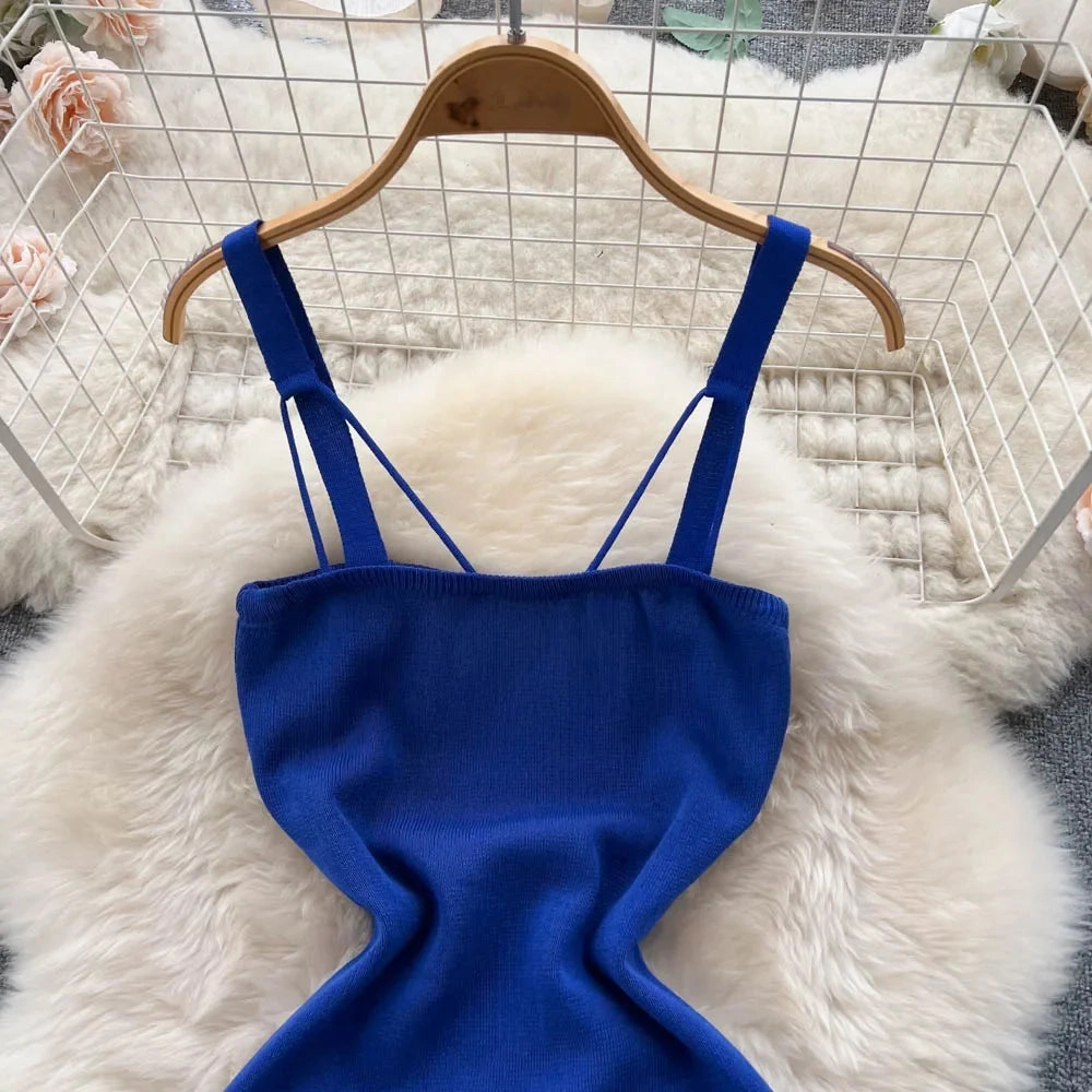 Women Knitted Dress Summer Strap Elastic Waist Backless Mini Sundress Sexy Streetwear Outfits
