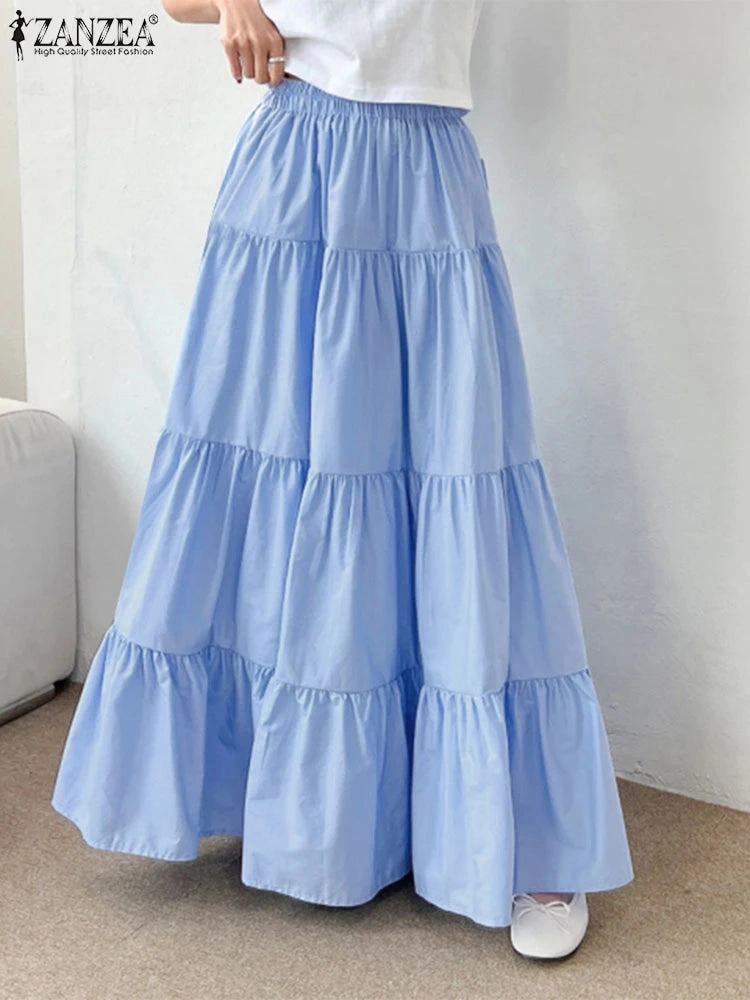 Women Korean Style Tiered Maxi Skirt with Elastic Waist Ankle Length Casual Solid Color A-Line Skirt for Summer and Streetwear