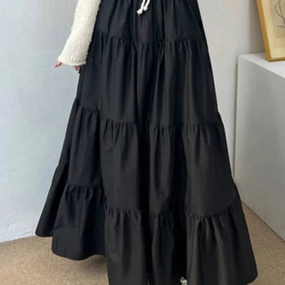Women Korean Style Tiered Maxi Skirt with Elastic Waist Ankle Length Casual Solid Color A-Line Skirt for Summer and Streetwear