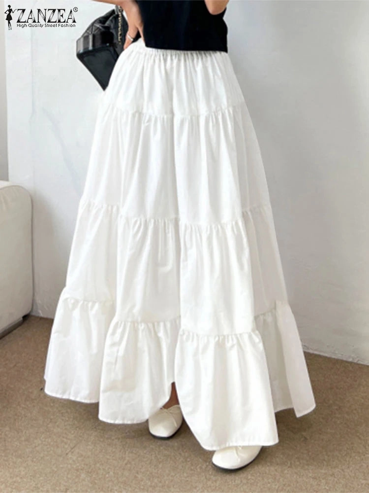 Women Korean Style Tiered Maxi Skirt with Elastic Waist Ankle Length Casual Solid Color A-Line Skirt for Summer and Streetwear