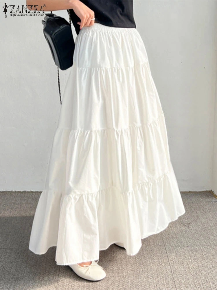 Women Korean Style Tiered Maxi Skirt with Elastic Waist Ankle Length Casual Solid Color A-Line Skirt for Summer and Streetwear