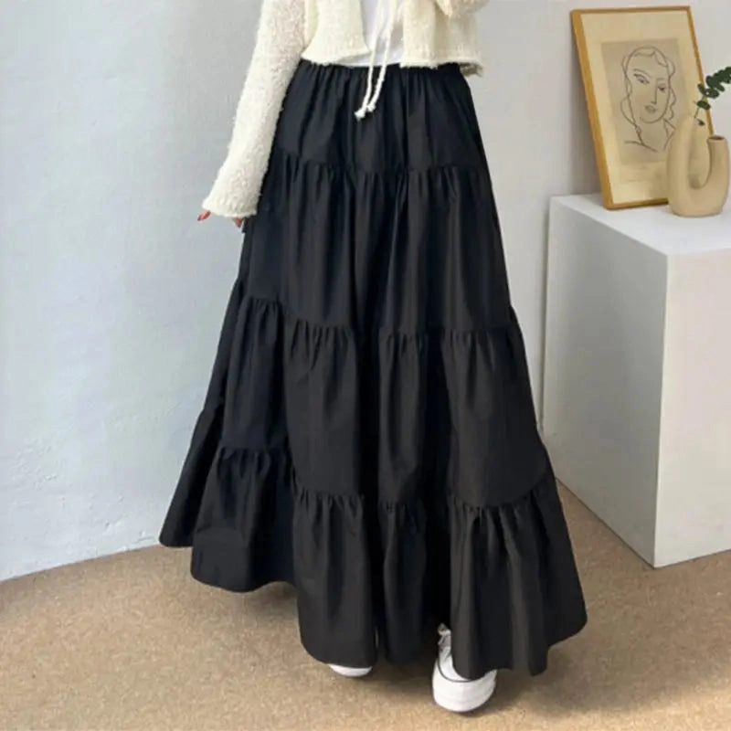 Women Korean Style Tiered Maxi Skirt with Elastic Waist Ankle Length Casual Solid Color A-Line Skirt for Summer and Streetwear
