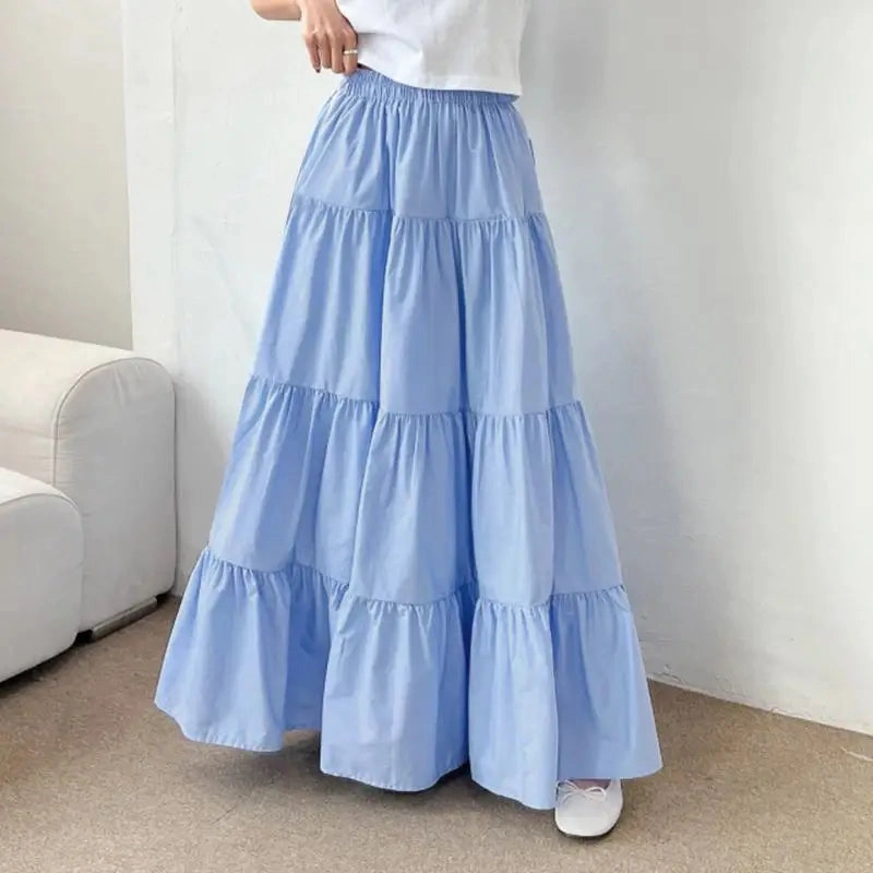 Women Korean Style Tiered Maxi Skirt with Elastic Waist Ankle Length Casual Solid Color A-Line Skirt for Summer and Streetwear