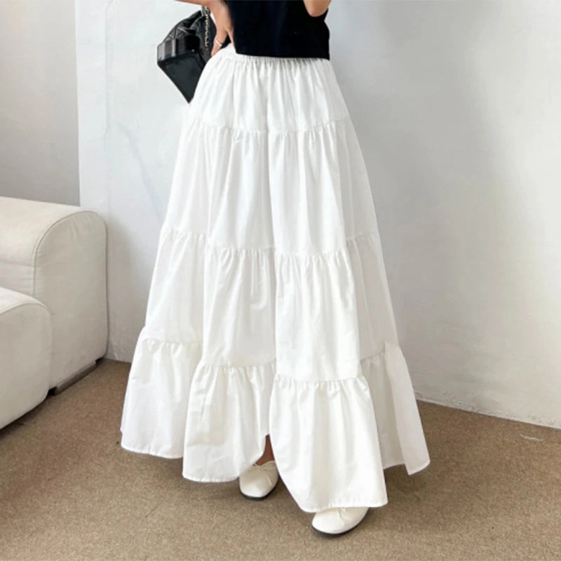 Women Korean Style Tiered Maxi Skirt with Elastic Waist Ankle Length Casual Solid Color A-Line Skirt for Summer and Streetwear