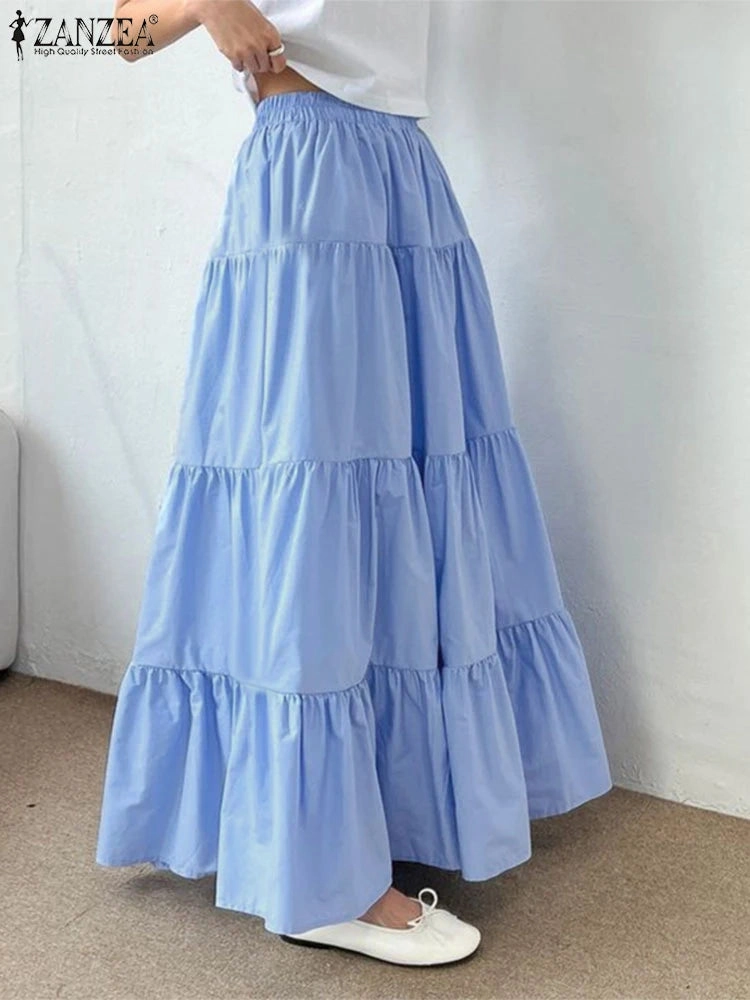 Women Korean Style Tiered Maxi Skirt with Elastic Waist Ankle Length Casual Solid Color A-Line Skirt for Summer and Streetwear