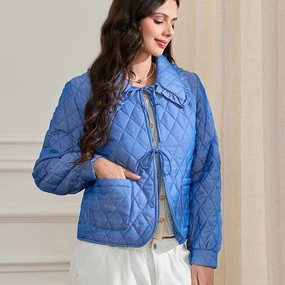 Women Lightweight Quilted Coat Winter Warm Cotton Jacket Rhombus Ruffled Doll Collar