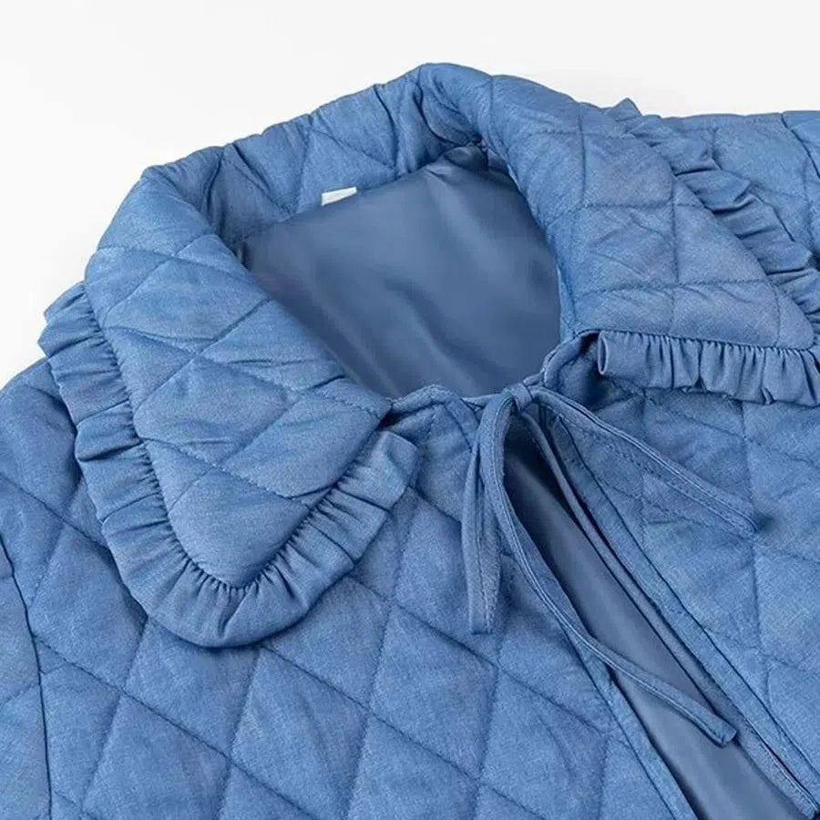 Women Lightweight Quilted Coat Winter Warm Cotton Jacket Rhombus Ruffled Doll Collar