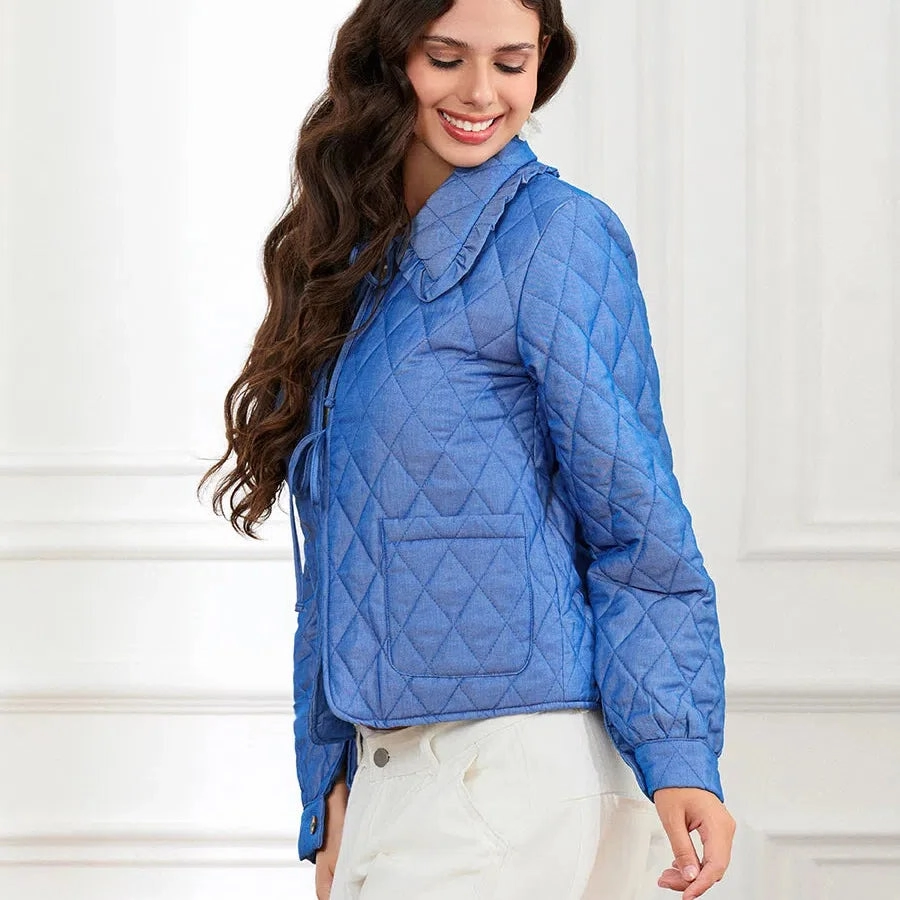 Women Lightweight Quilted Coat Winter Warm Cotton Jacket Rhombus Ruffled Doll Collar