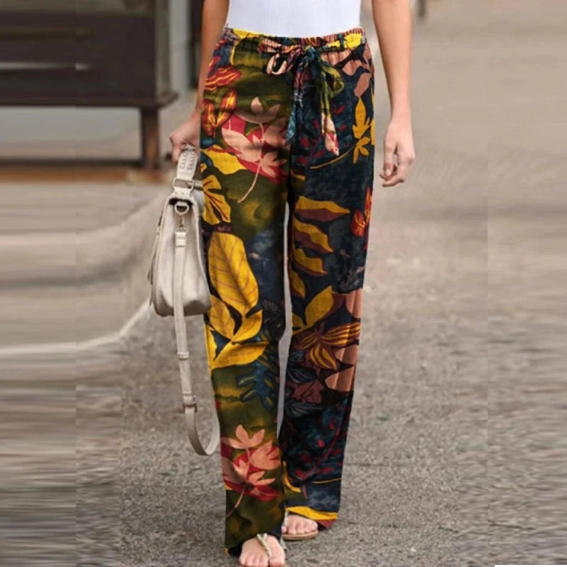 Women Long Pants Spring High Waist Loose Vintage Printed Casual Wide-Leg Pant