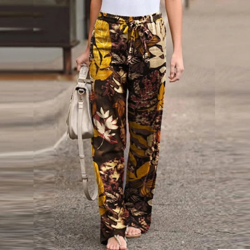 Women Long Pants Spring High Waist Loose Vintage Printed Casual Wide-Leg Pant
