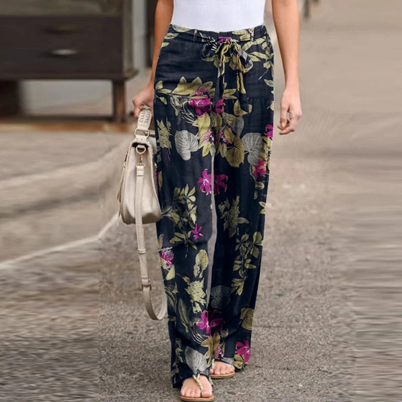Women Long Pants Spring High Waist Loose Vintage Printed Casual Wide-Leg Pant