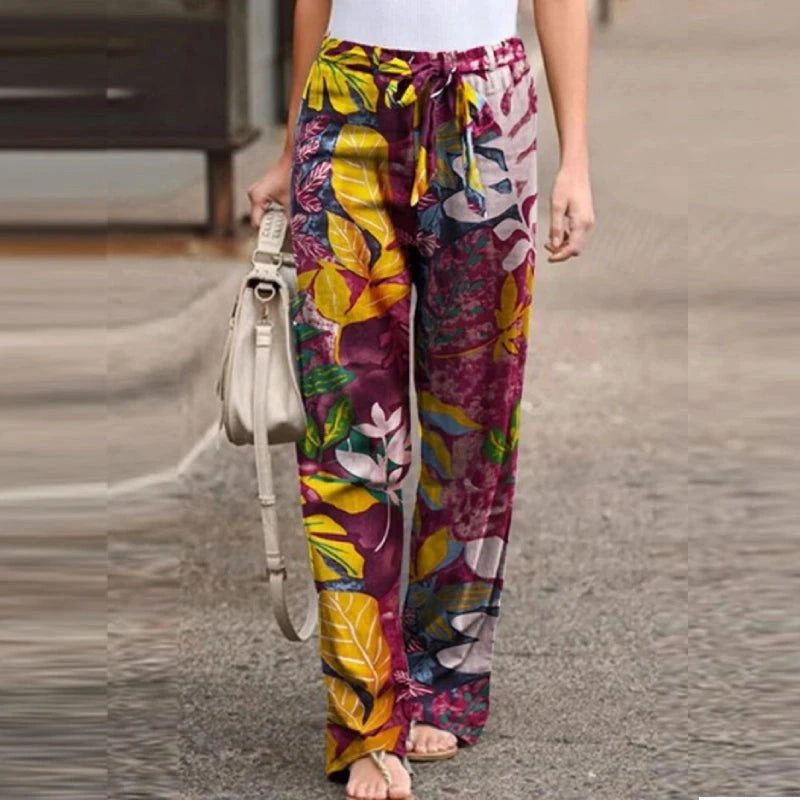 Women Long Pants Spring High Waist Loose Vintage Printed Casual Wide-Leg Pant