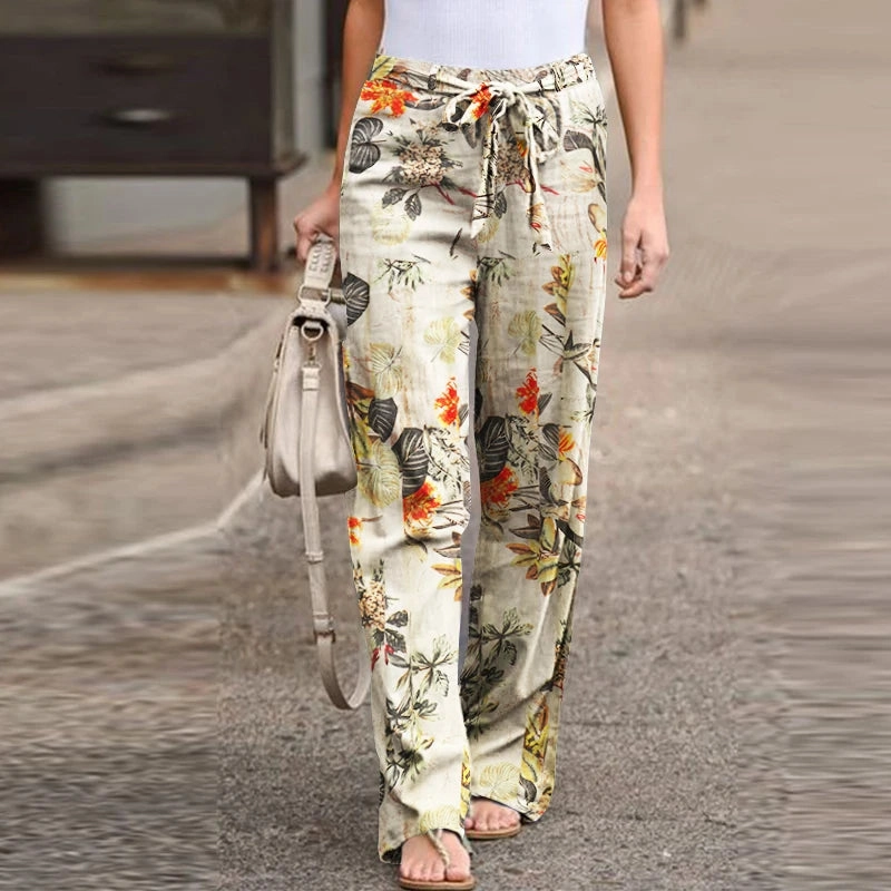 Women Long Pants Spring High Waist Loose Vintage Printed Casual Wide-Leg Pant