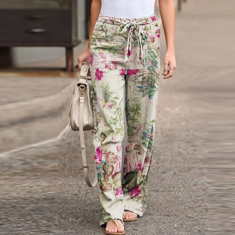 Women Long Pants Spring High Waist Loose Vintage Printed Casual Wide-Leg Pant