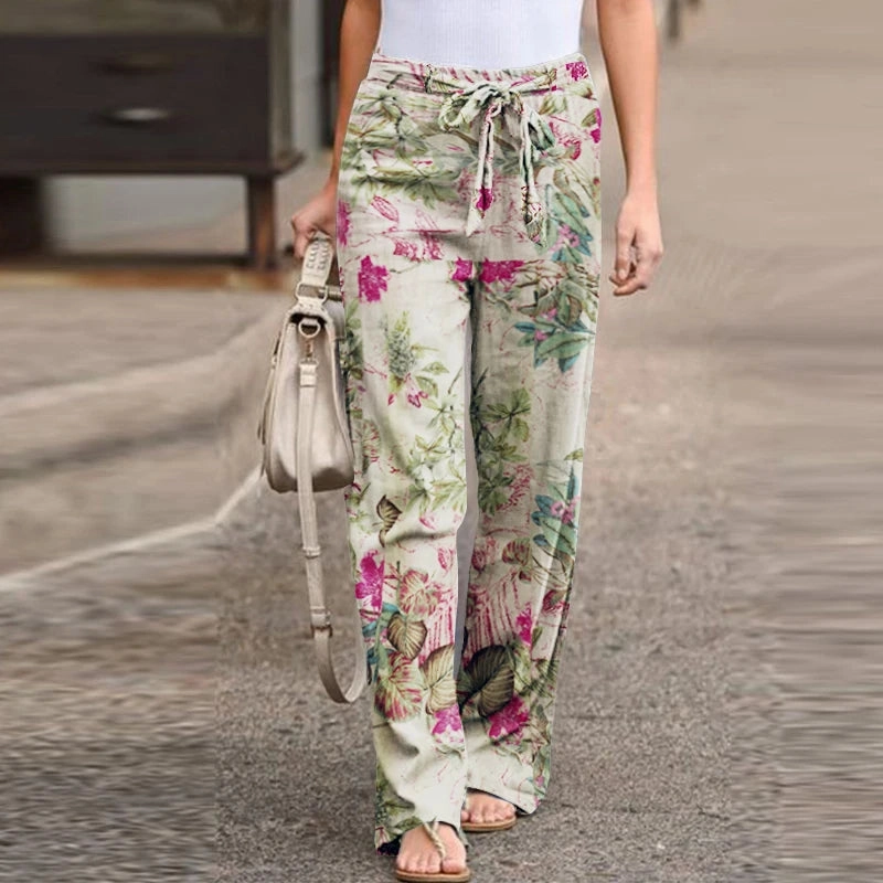 Women Long Pants Spring High Waist Loose Vintage Printed Casual Wide-Leg Pant