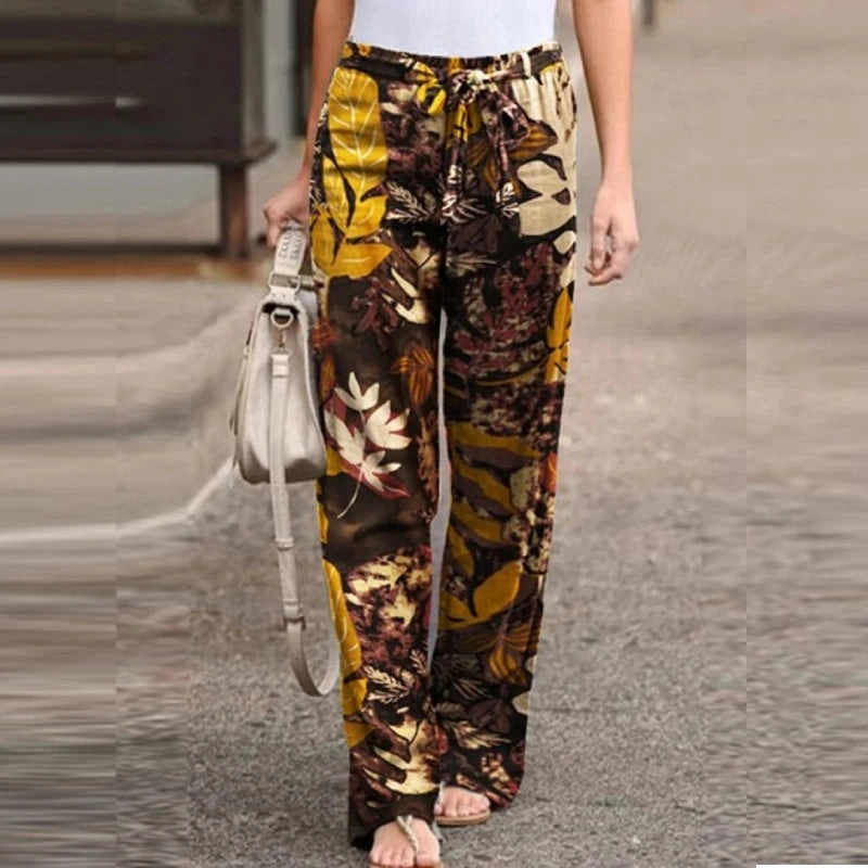 Women Long Pants Spring High Waist Loose Vintage Printed Casual Wide-Leg Pant
