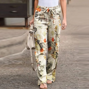 Women Long Pants Spring High Waist Loose Vintage Printed Casual Wide-Leg Pant