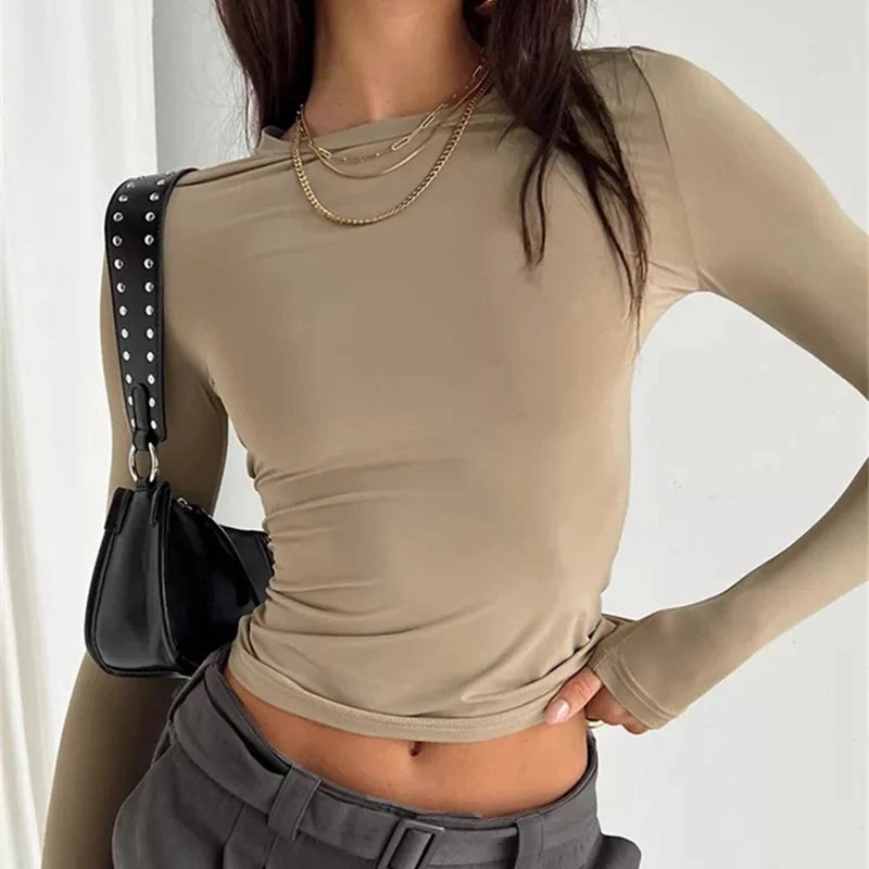 Women Long Sleeve T Shirt Slim Fit Casual Crop Tops Y2K Streetwear Basic Tee for Spring Autumn Wear