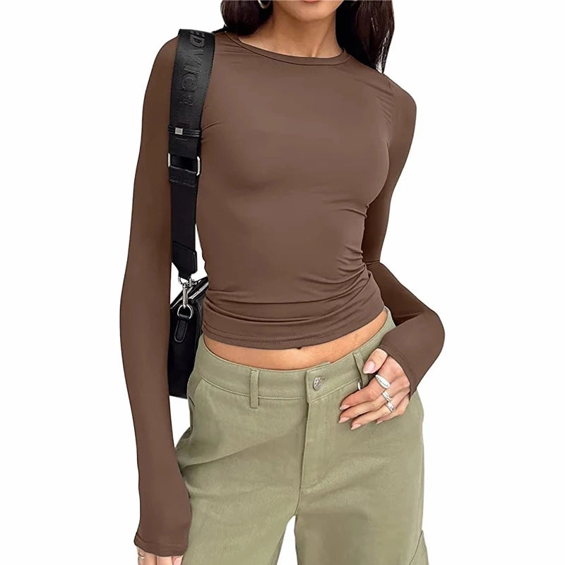 Women Long Sleeve T Shirt Slim Fit Casual Crop Tops Y2K Streetwear Basic Tee for Spring Autumn Wear