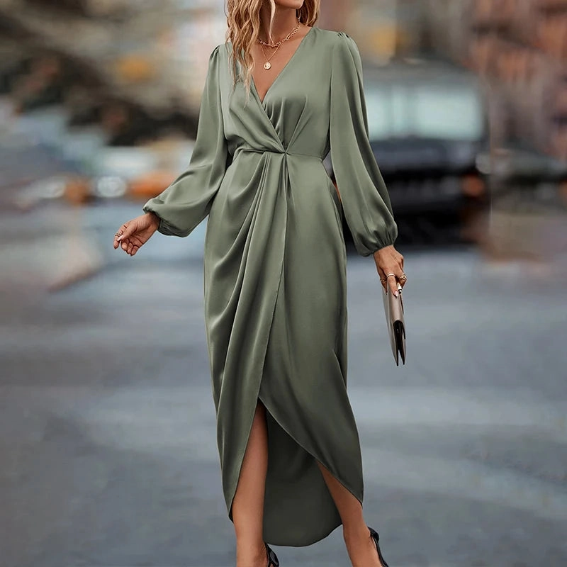 Women Maxi Satin Dress Solid Draped Silk V-Neck Long Sleeve