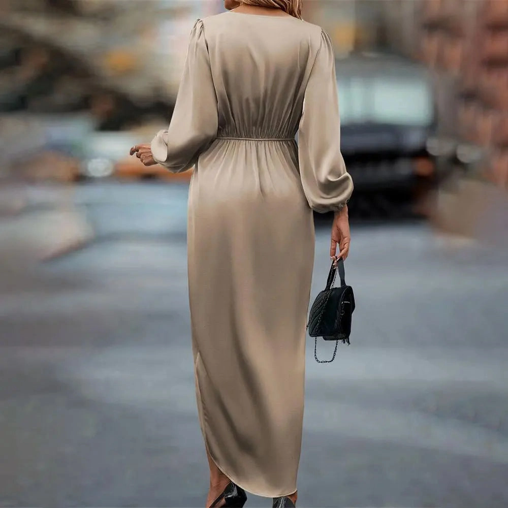 Women Maxi Satin Dress Solid Draped Silk V-Neck Long Sleeve
