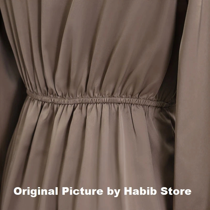 Women Maxi Satin Dress Solid Draped Silk V-Neck Long Sleeve