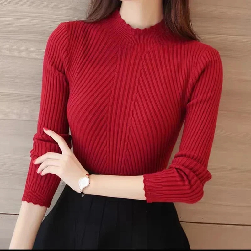 Women Mock Neck Ruffles Sweater Long Sleeve Casual Style
