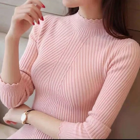 Women Mock Neck Ruffles Sweater Long Sleeve Casual Style