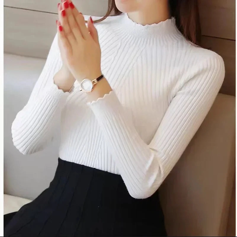 Women Mock Neck Ruffles Sweater Long Sleeve Casual Style
