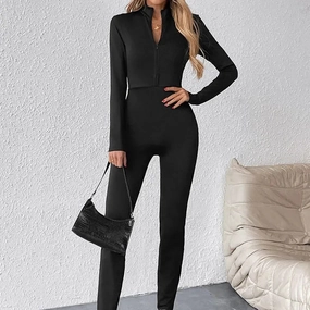 Women New Jumpsuits Spring Fashion Sexy Bodycon Rompers Long Sleeve High Collar Zippers Black Streetwear Ankle-Length for Party