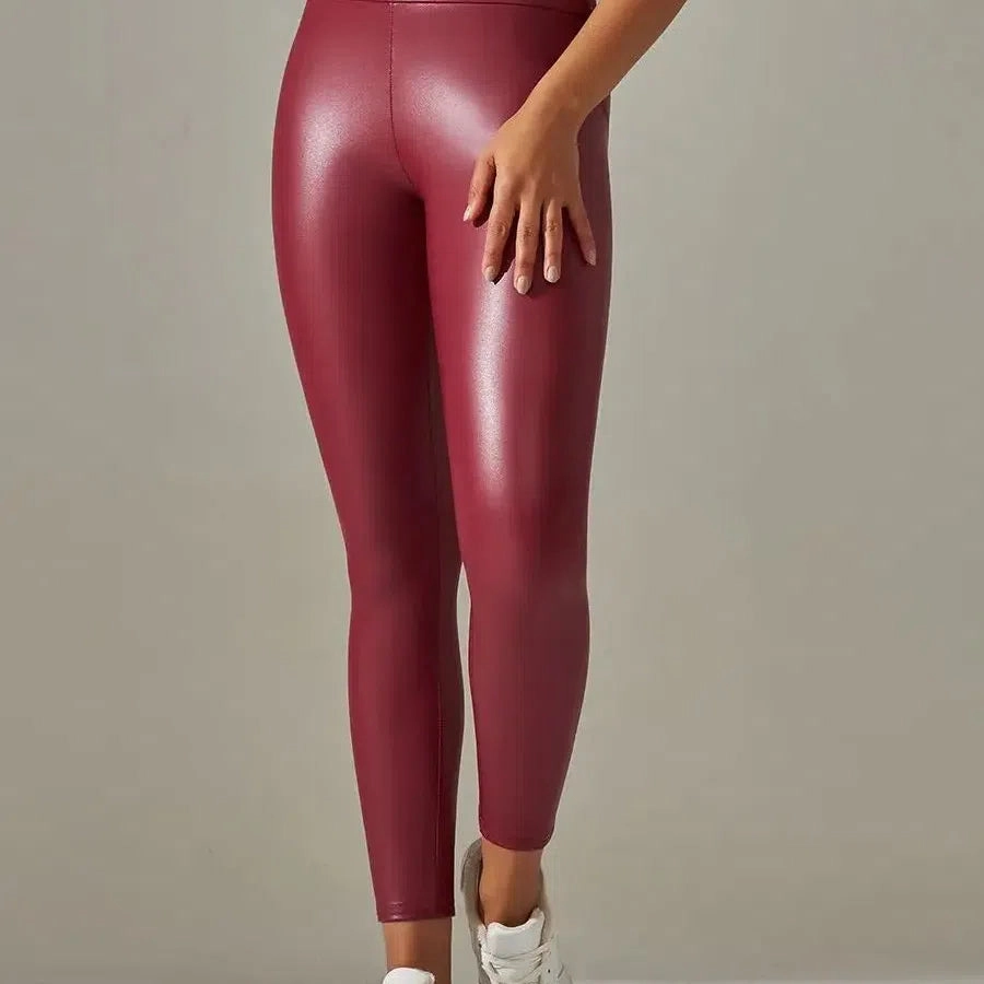 Women PU Leather Leggings Black Pockets High Waist Sexy Skinny Stretch Pants