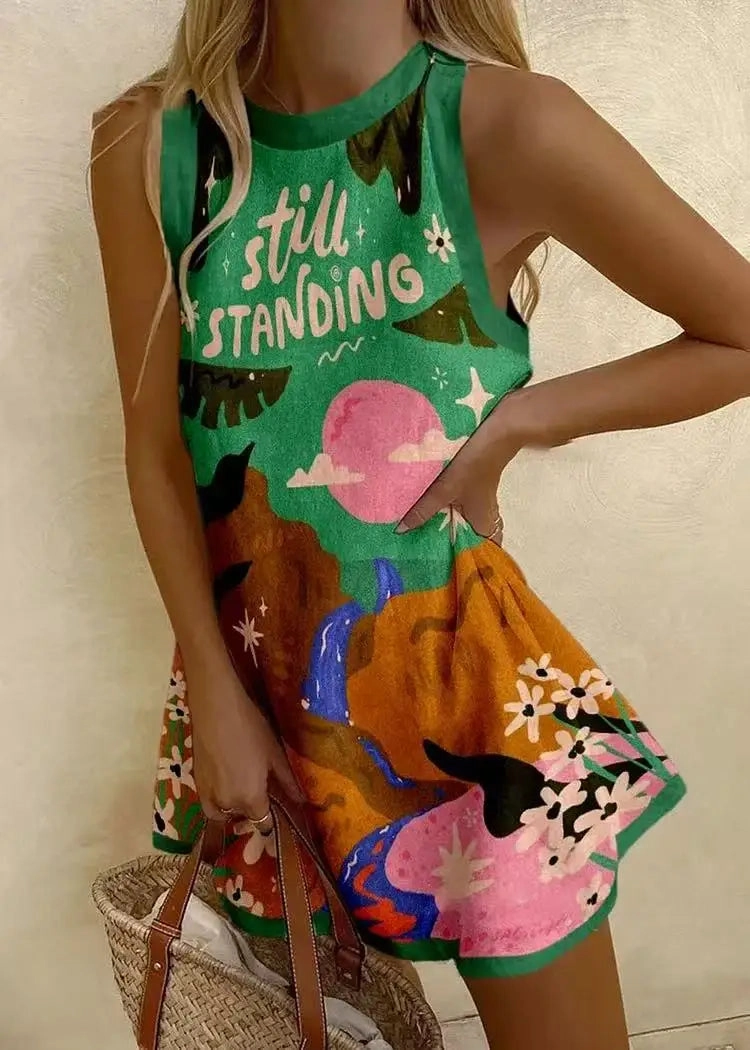 Women Puzzle Print Summer Dress Sleeveless Above Knee Mini Dress Casual Tank Top Beach Dress for Women