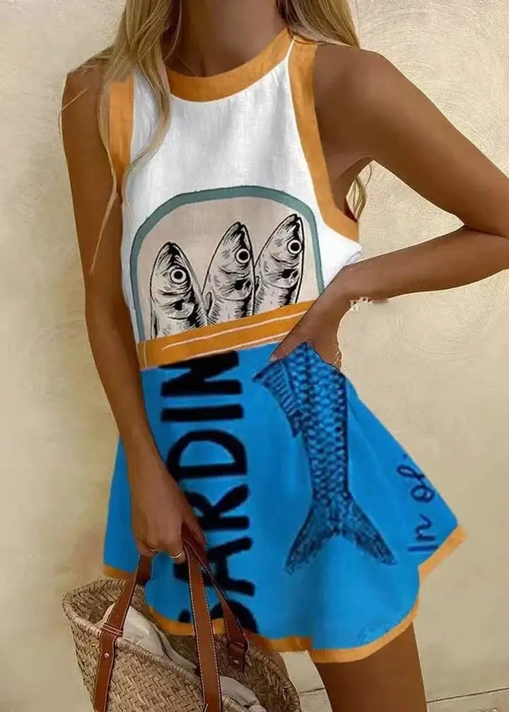 Women Puzzle Print Summer Dress Sleeveless Above Knee Mini Dress Casual Tank Top Beach Dress for Women