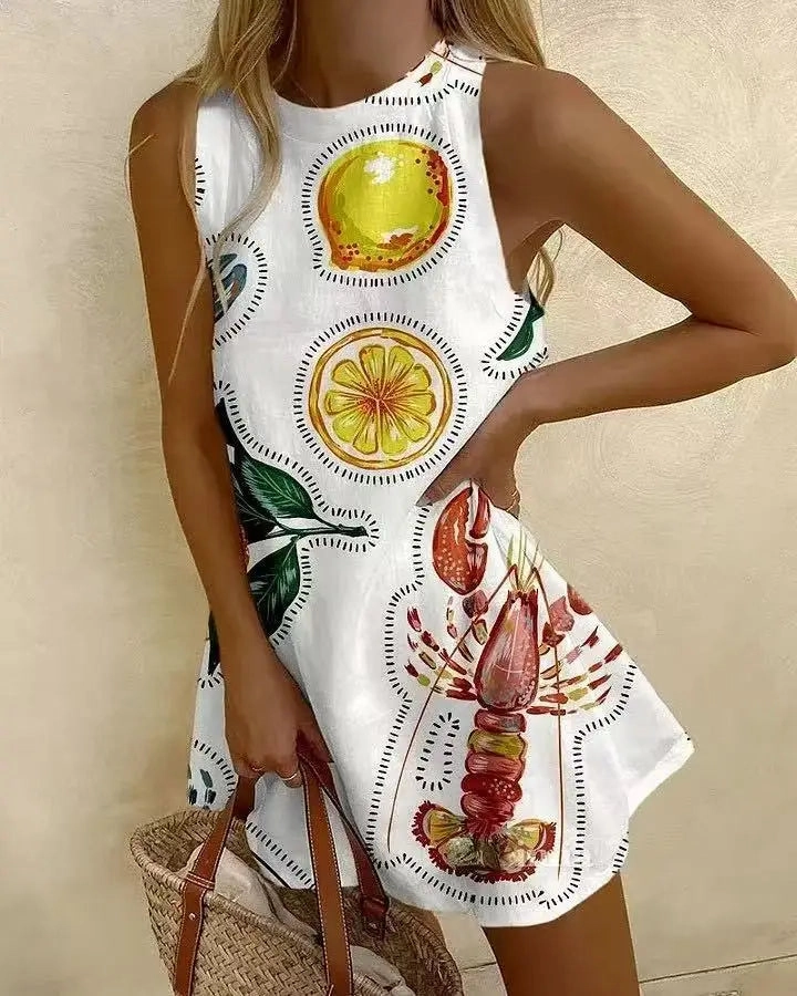 Women Puzzle Print Summer Dress Sleeveless Above Knee Mini Dress Casual Tank Top Beach Dress for Women