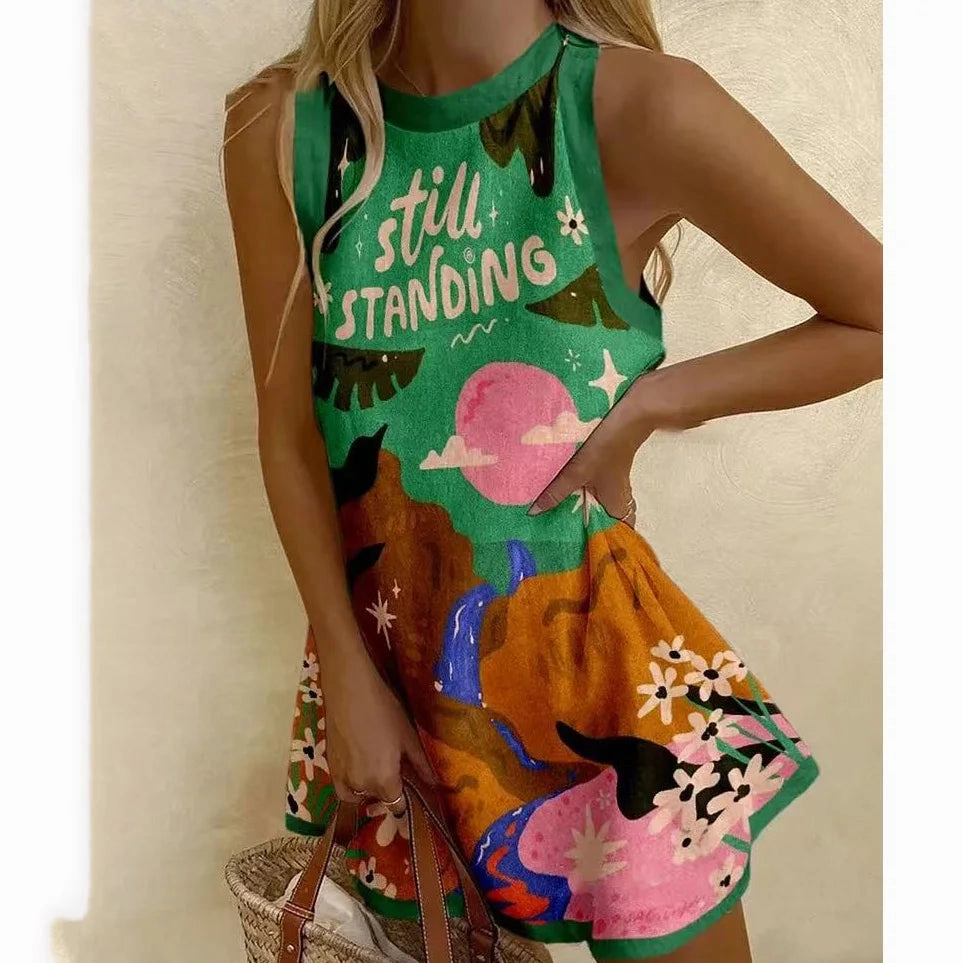 Women Puzzle Print Summer Dress Sleeveless Above Knee Mini Dress Casual Tank Top Beach Dress for Women