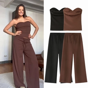 Women's 2 Piece Pants Set Elegant Corset Tops and Baggy Trousers Spring Summer Casual Y2K Fashion Outfit