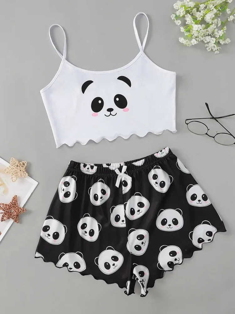 Women's 2pcs Comfy Cartoon Panda Print Sleepwear Set