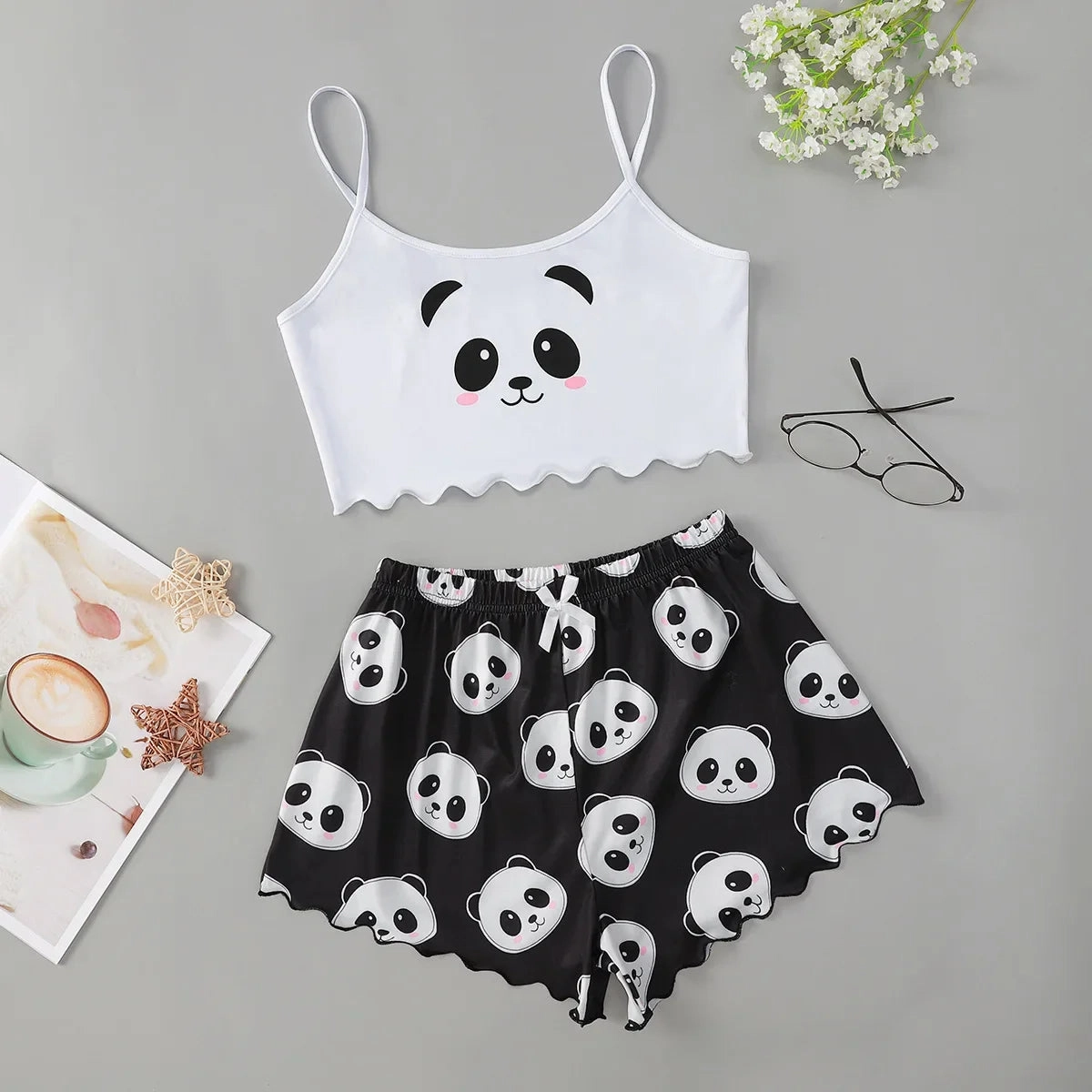 Women's 2pcs Comfy Cartoon Panda Print Sleepwear Set