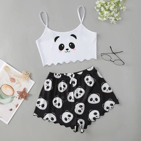 Women's 2pcs Comfy Cartoon Panda Print Sleepwear Set