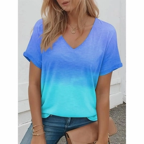 Women??s 3D Gradient Print Oversized V-Neck T-Shirt for Summer Casual Streetwear Female Fashion