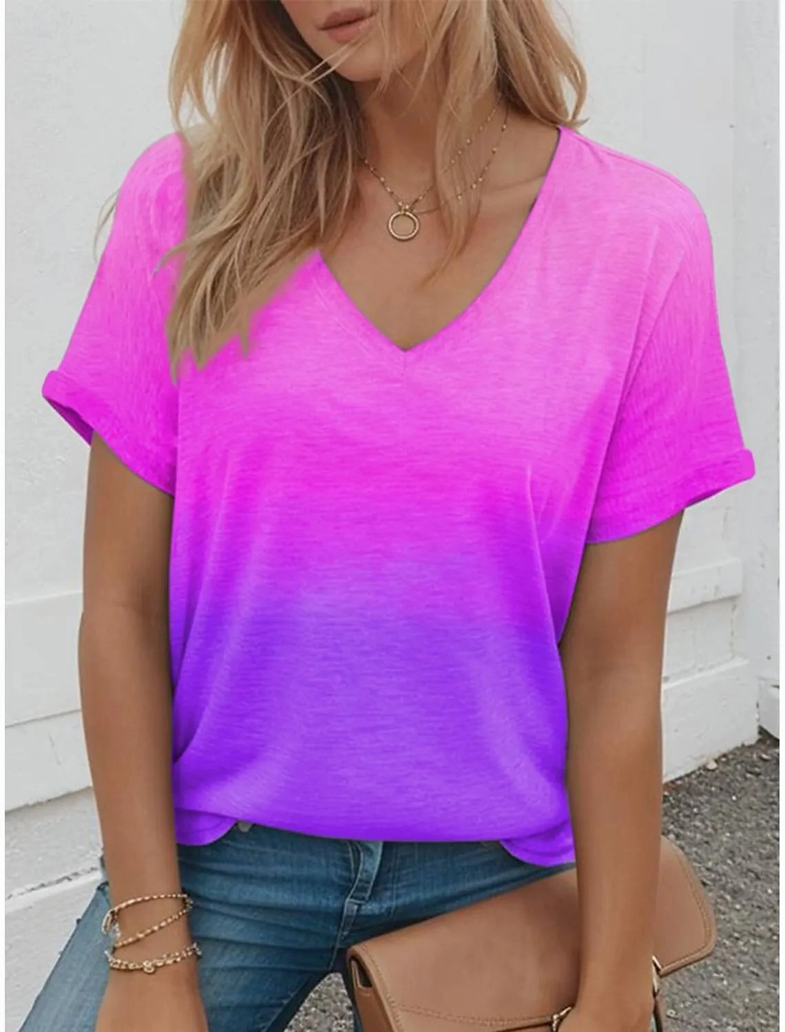 Women??s 3D Gradient Print Oversized V-Neck T-Shirt for Summer Casual Streetwear Female Fashion